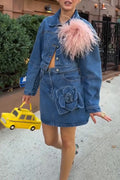 Women's Casual Plush Decoration Denim Jacket or Flower Denim Skirt