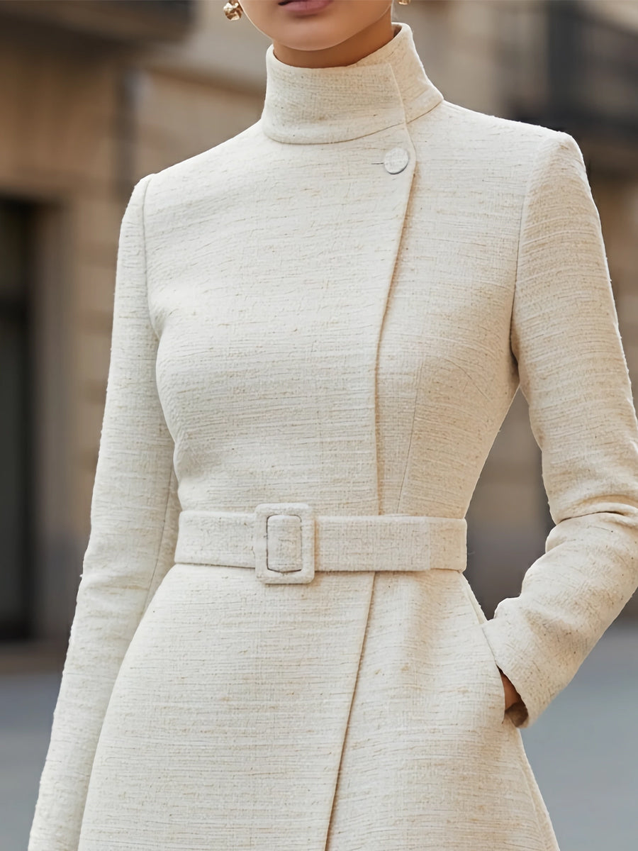 Elegant Belted High-Neck Wool Blend Dress