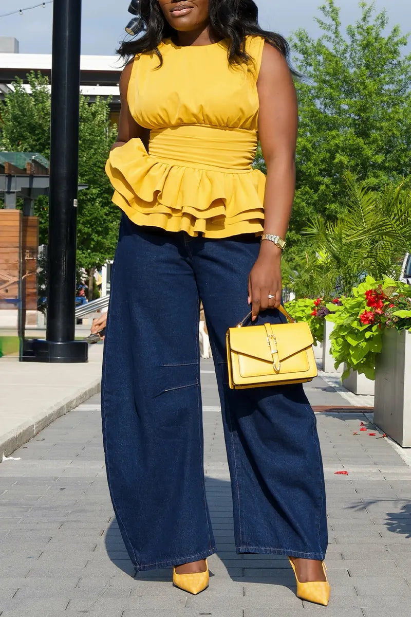 Women's Round Neck Sleeveless Waist Cinched Patchwork Top or Wide Leg Jeans