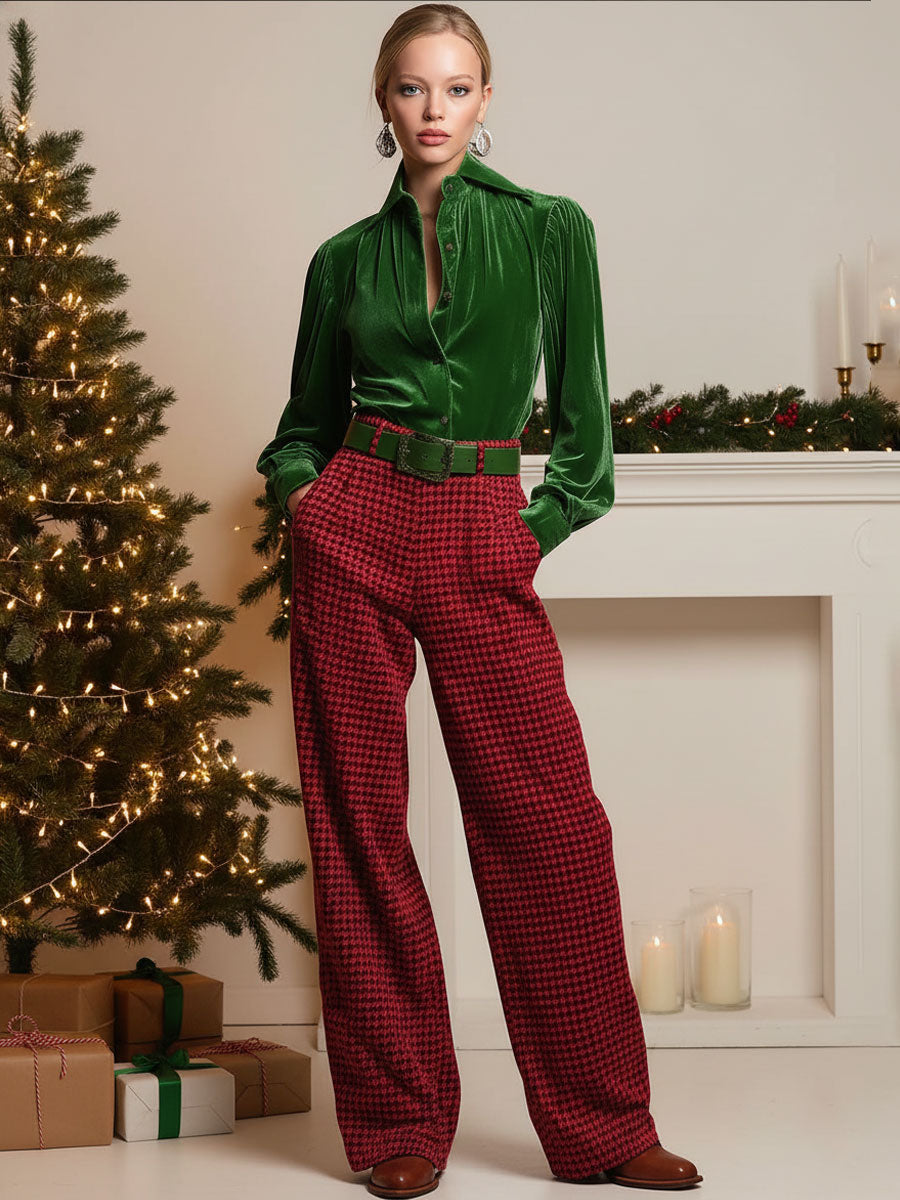 Retro Green Velvet Pleated Long-sleeved Shirt And Houndstooth Wide-leg Pants Set
