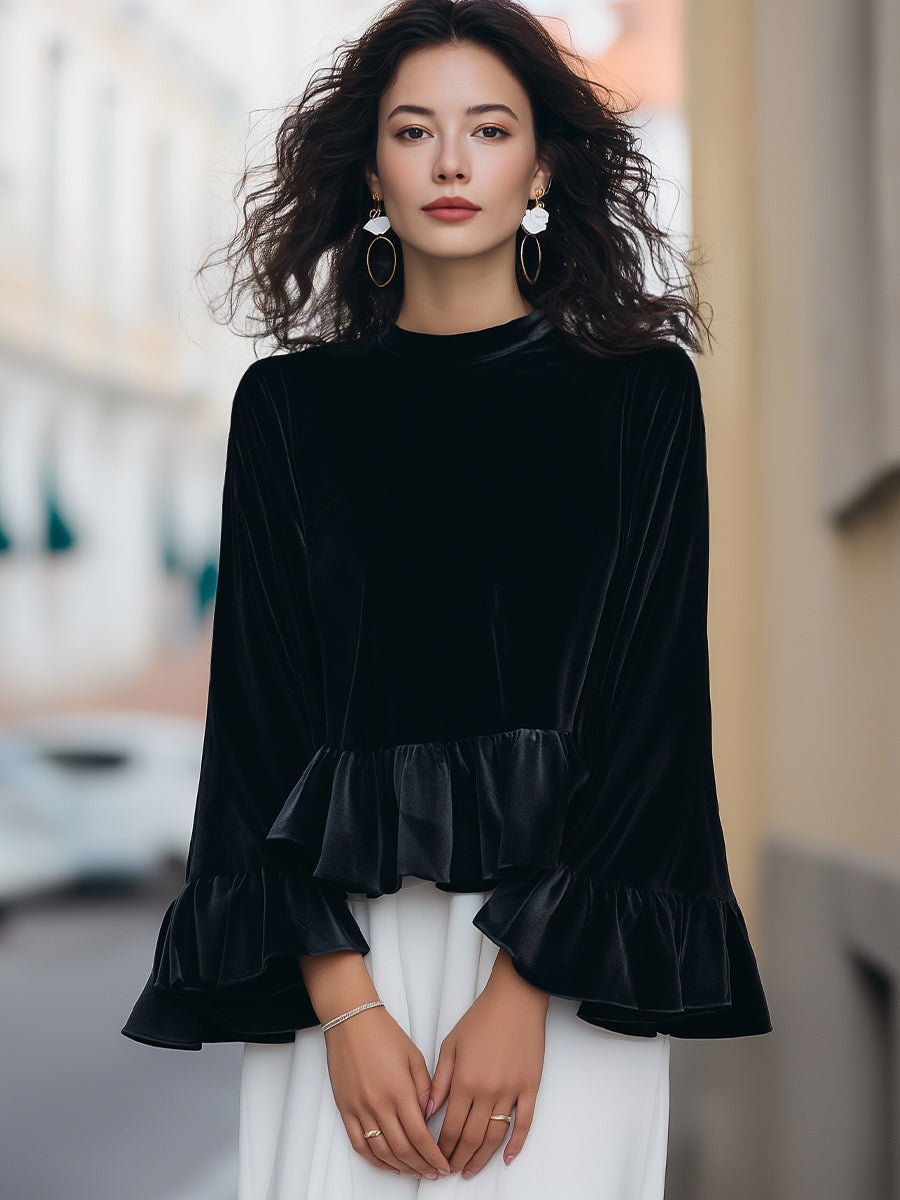 Round Neck Velvet Ruffle-Trim Blouse