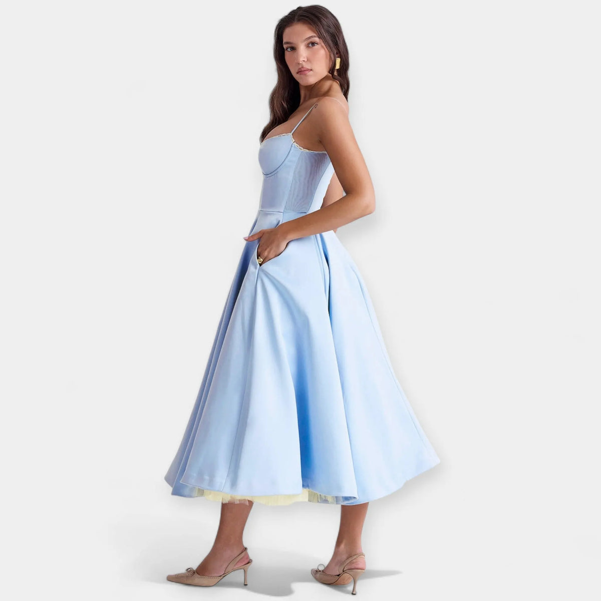 Midi Dress with Tulle Sheer Details