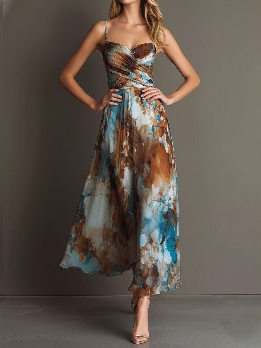 Boho Watercolor Print Chiffon Spaghetti Strap Maxi Dress