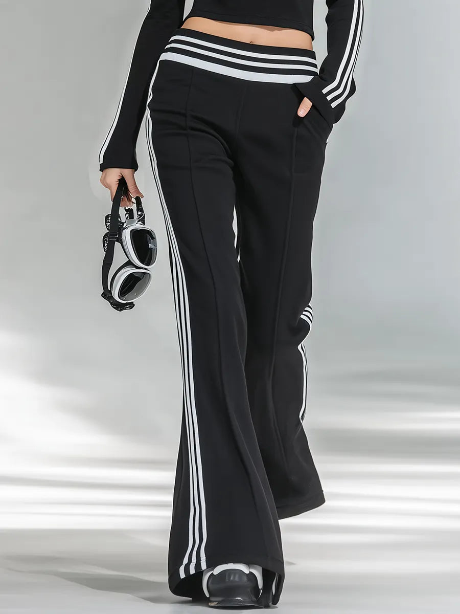 Sporty And Stylish Stand-up Collar T-shirt And Flared Pants Set