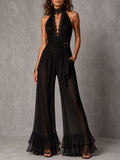 Boho Romantic Black Lace Waist Tie Halter Sheer Pleated Wide-Leg Jumpsuit