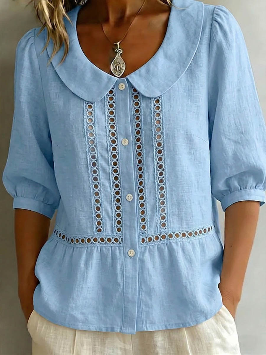 Women's Solid-color Peter Pan Collar 3/4-sleeve Casual Loose Cotton-linen Shirt