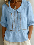 Women's Solid-color Peter Pan Collar 3/4-sleeve Casual Loose Cotton-linen Shirt