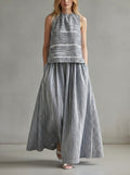 Stylish Sleeveless Linen And Cotton Striped Top And Skirt Two-piece Set