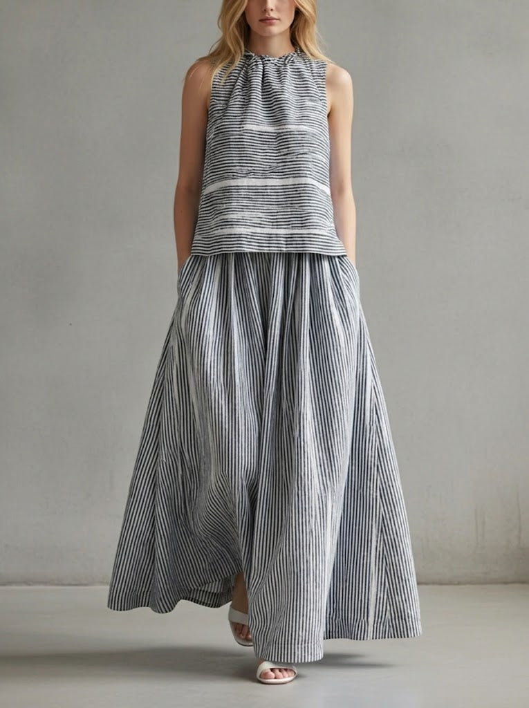 Stylish Sleeveless Linen And Cotton Striped Top And Skirt Two-piece Set