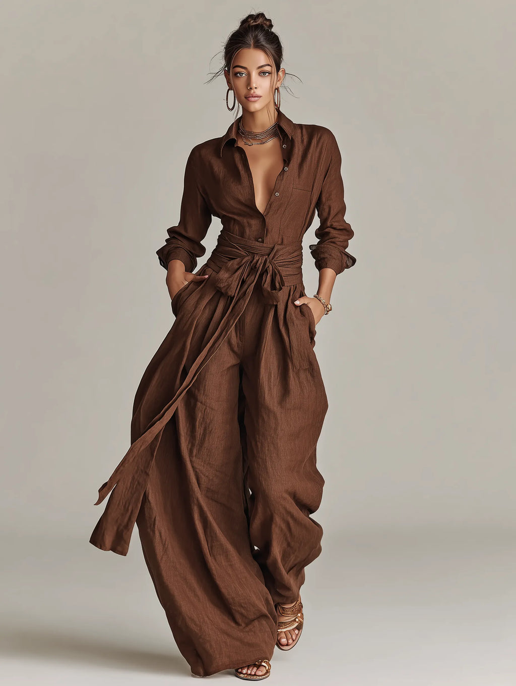 Women's Elegant Brown Woven Cotton-linen Long-sleeved Shirt Collar Jumpsuit With Belt MDA1965L9AN