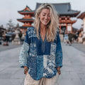 Women's Japanese Style Floral Wave Patchwork Pattern Cozy Top