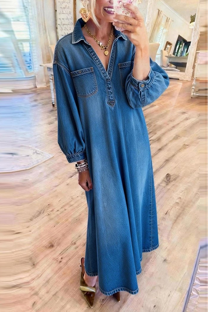 Denim Maxi Dress Casual Cotton Blend Plus Size Available