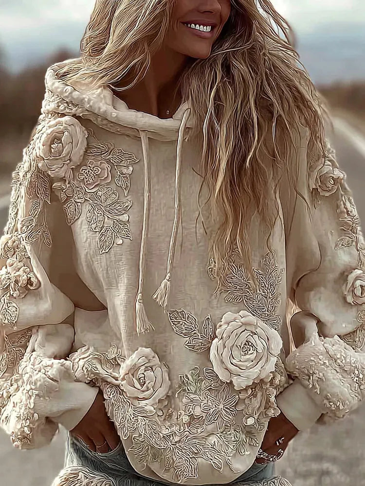 Women's Classic Romantic Pink Rose Embroidery Art Comfy Hoodie