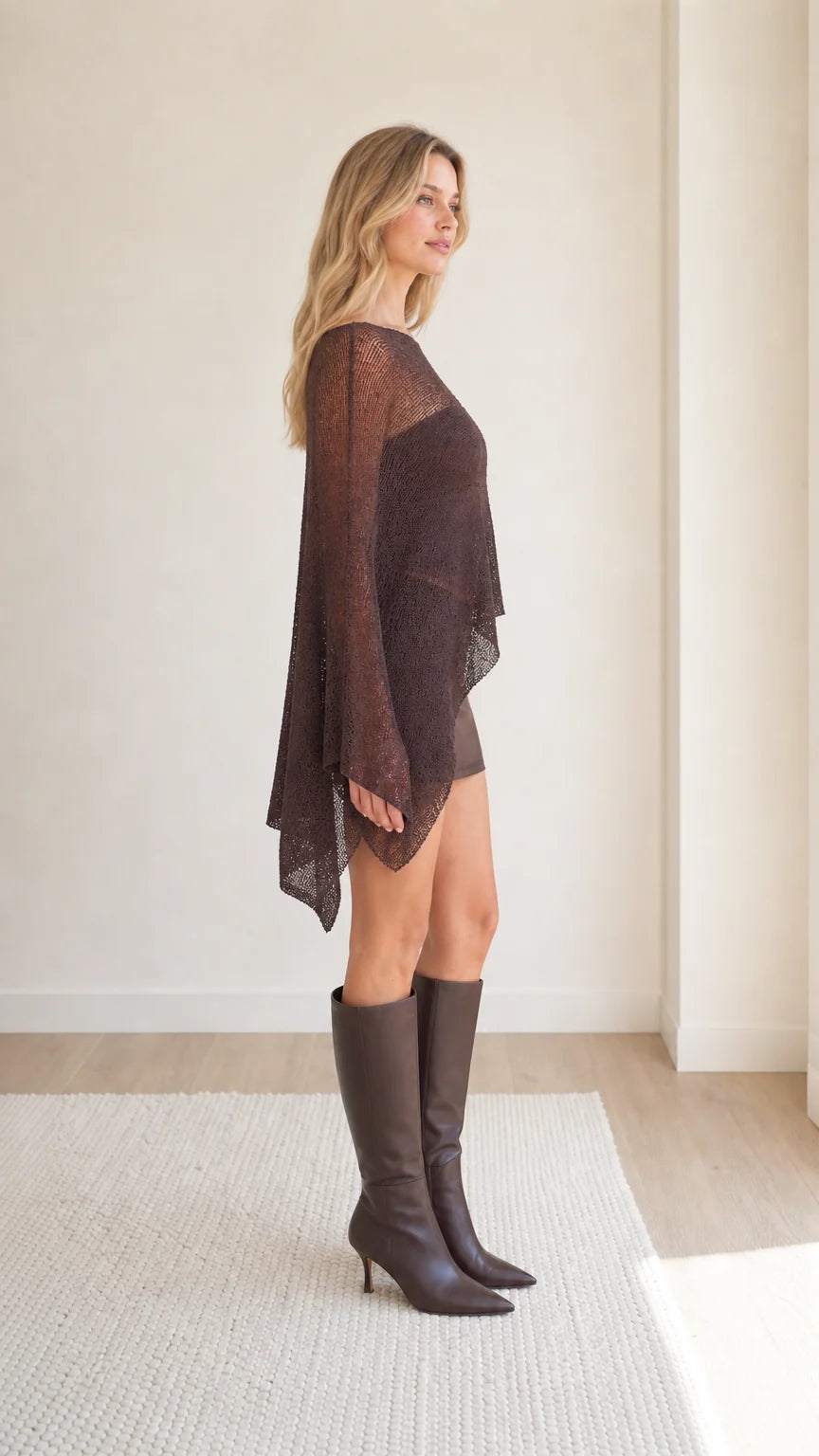 Off-The-Shoulder Sheer Knit Poncho Top with Asymmetric Hem