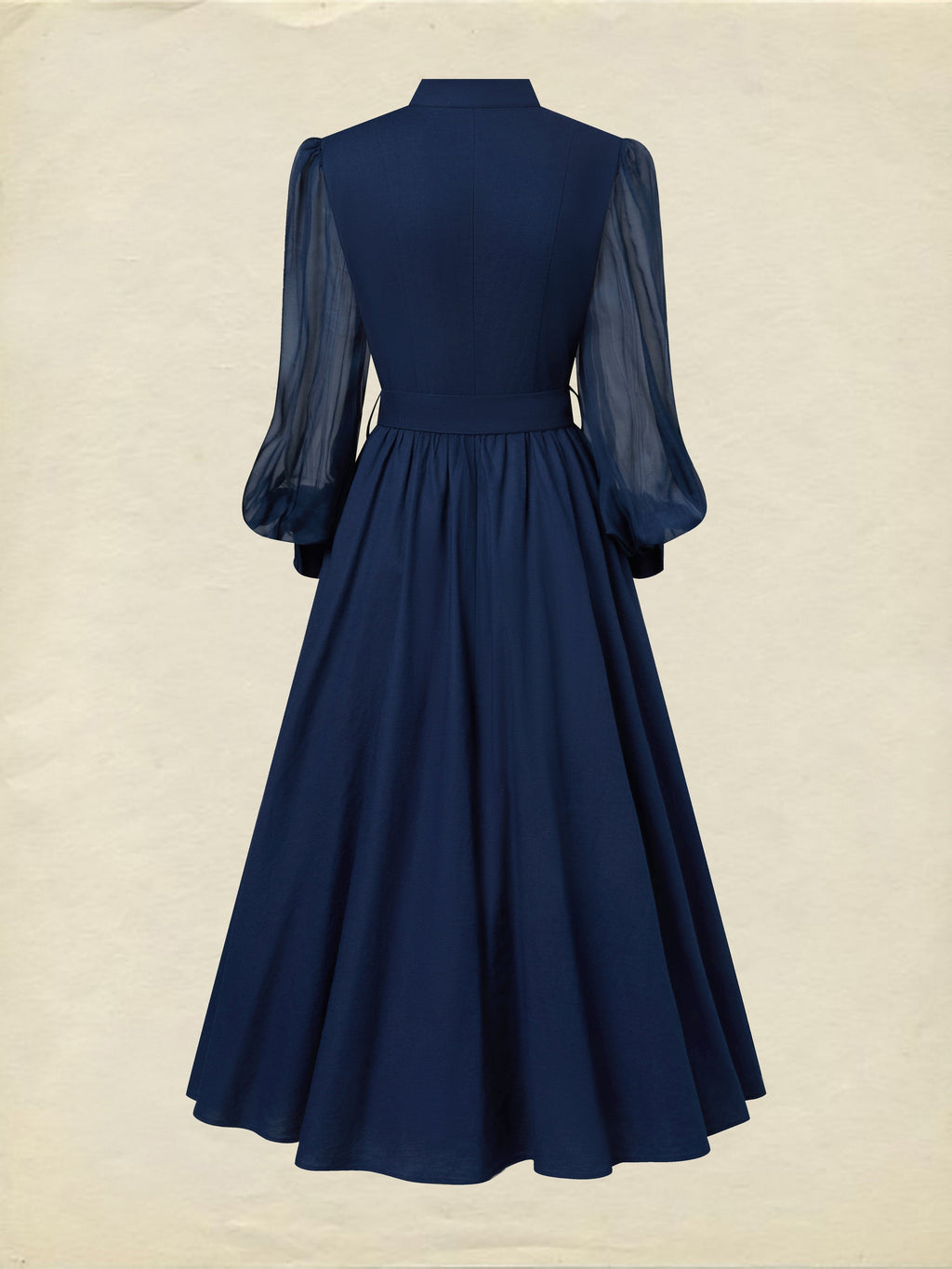 Maxi Cotton Dress, Long Sleeves, Stand Collar, Plain, Belt Design, French Vintage, Blue Purple