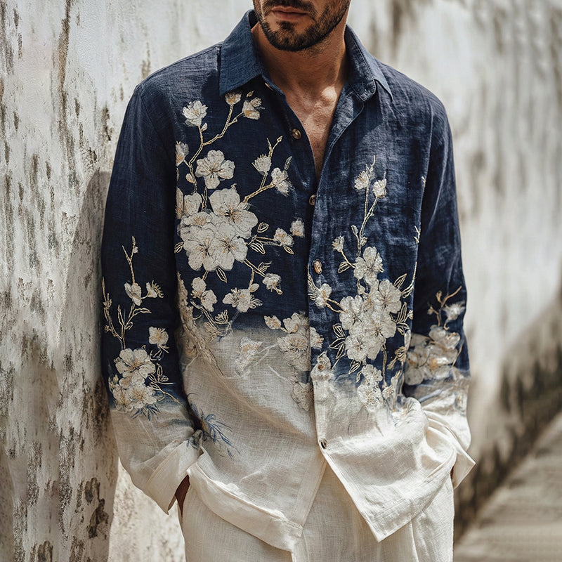 Men's Japanese-style White Almond Blossom Gradient Art Casual Linen Shirt