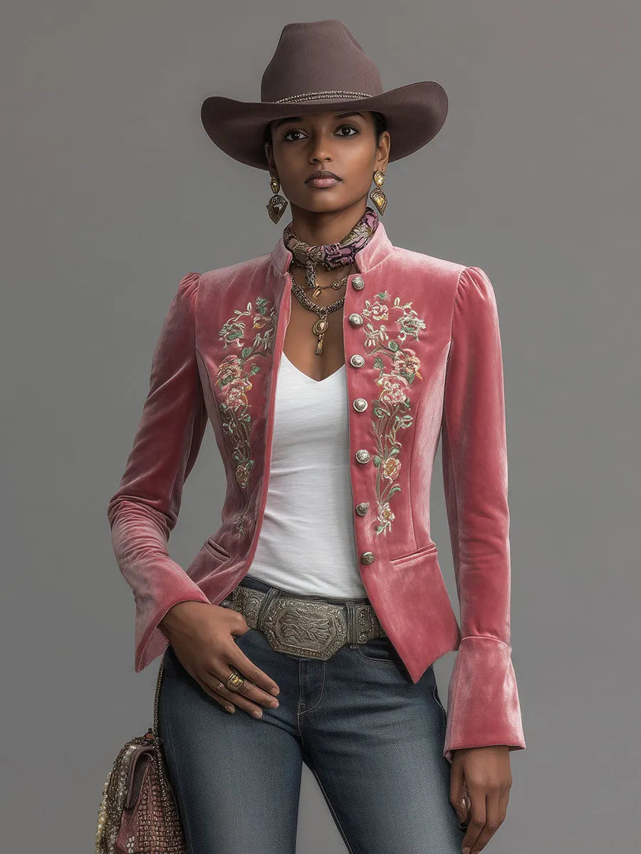 Western-style Stand-up Collar Single-breasted Floral Embroidered Velvet Jacket