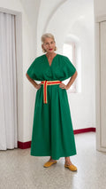 Women's V-Neck Belted Kimono Maxi Dress with Topstitch Detail