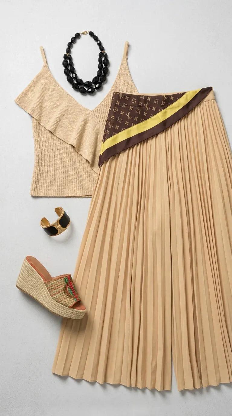 Women's Ruffle V-Neck Camisole & Pleated Wide-Leg Pants Two-Piece Set