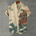 Japanese Wolf Samurai Sea Waves Linen Shirt