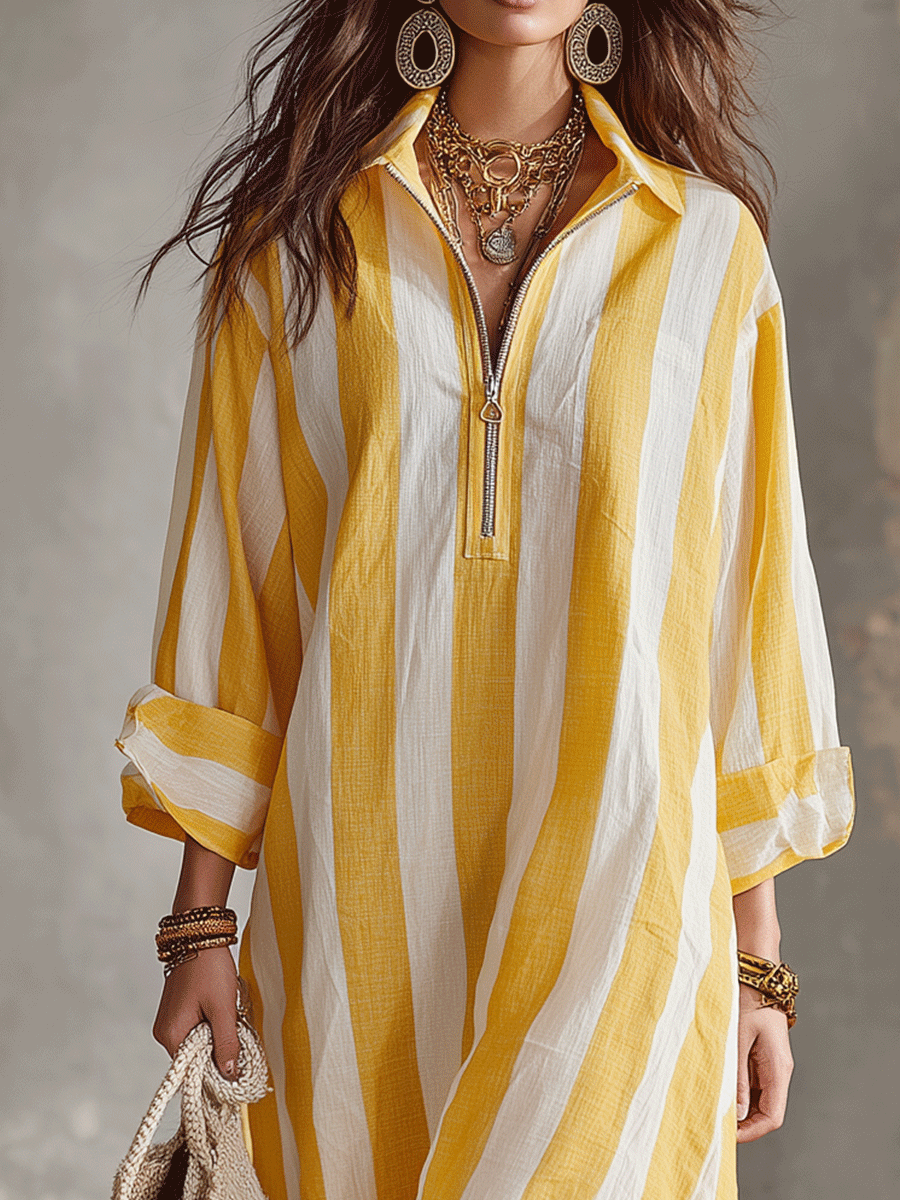 Relaxed Striped Resort Yellow & White Stripe Midi Dress