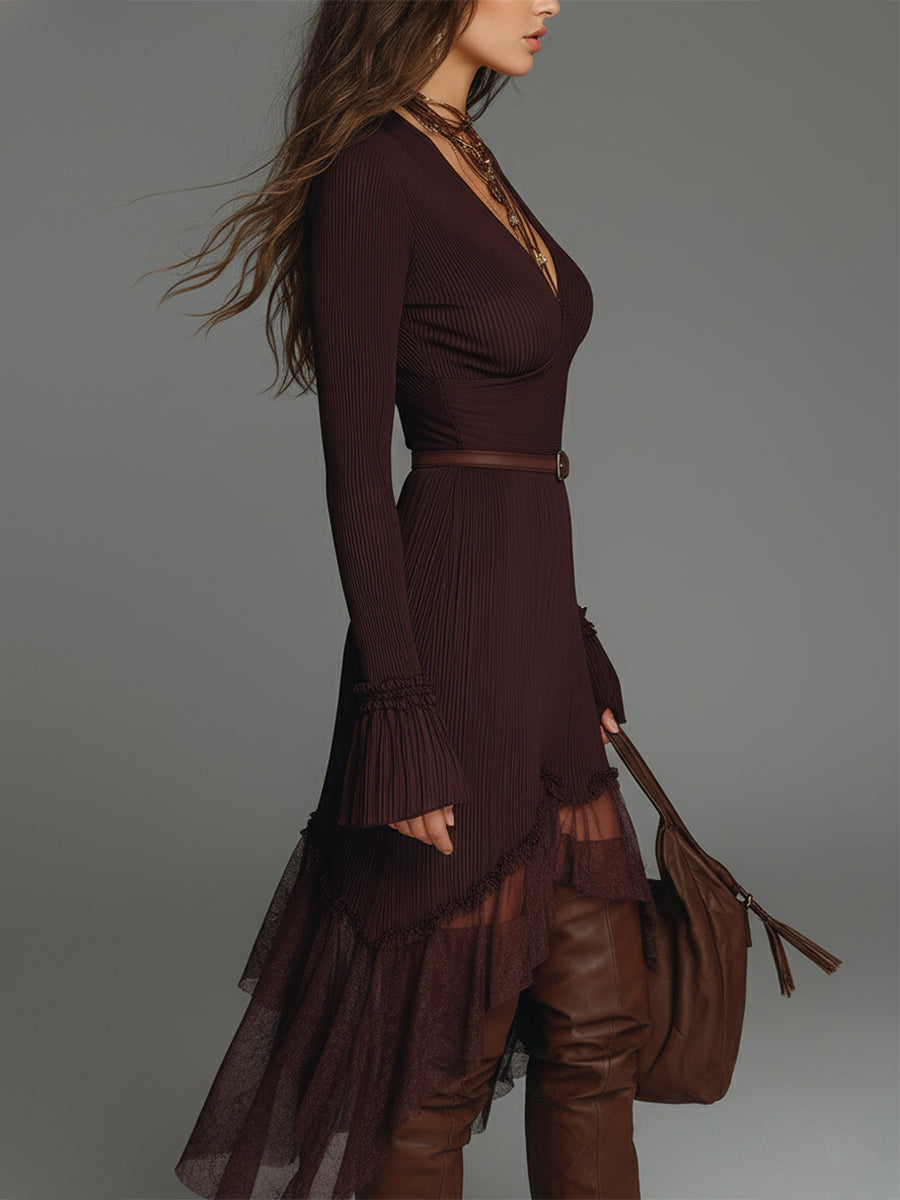 Bohemian Style Pleated Mesh Panel Midi Dress With Belt