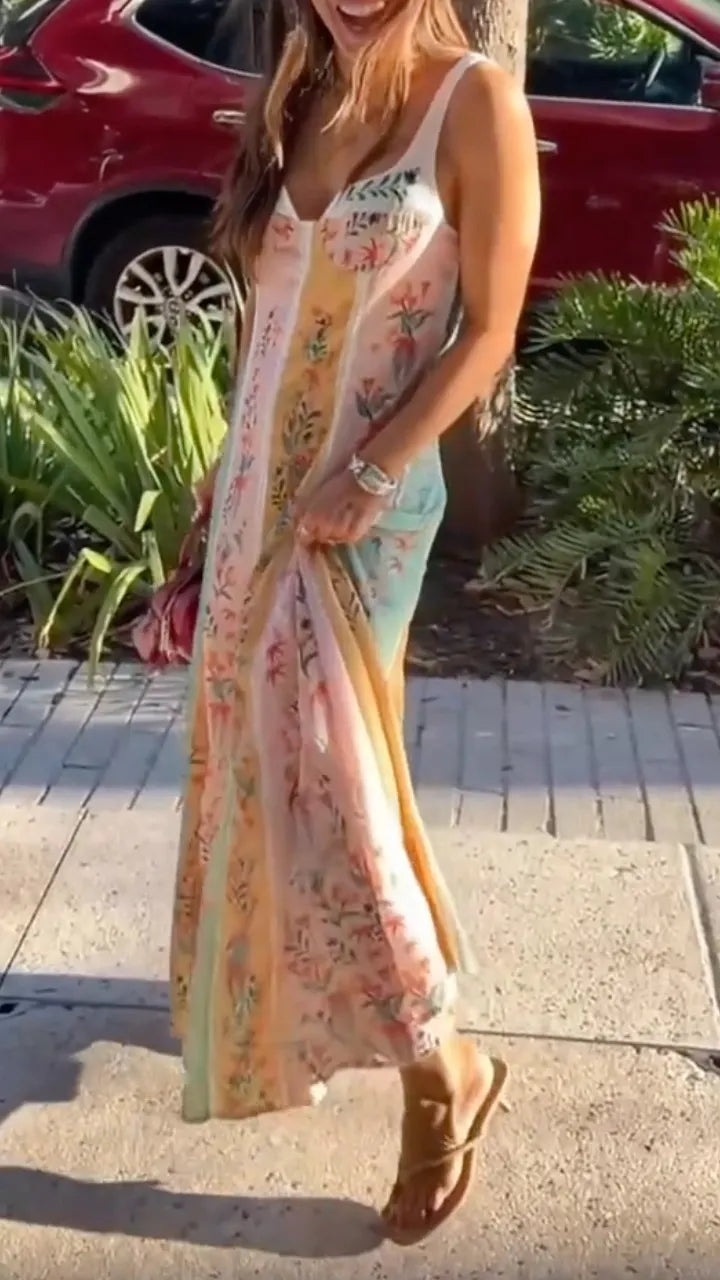 Women's Fresh Color-Blocked Floral Print Sundress Long Dress Vacation Style