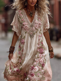 Women's Vintage Rose Embroidery Gradient Pink Art Comfy Linen Maxi Dress