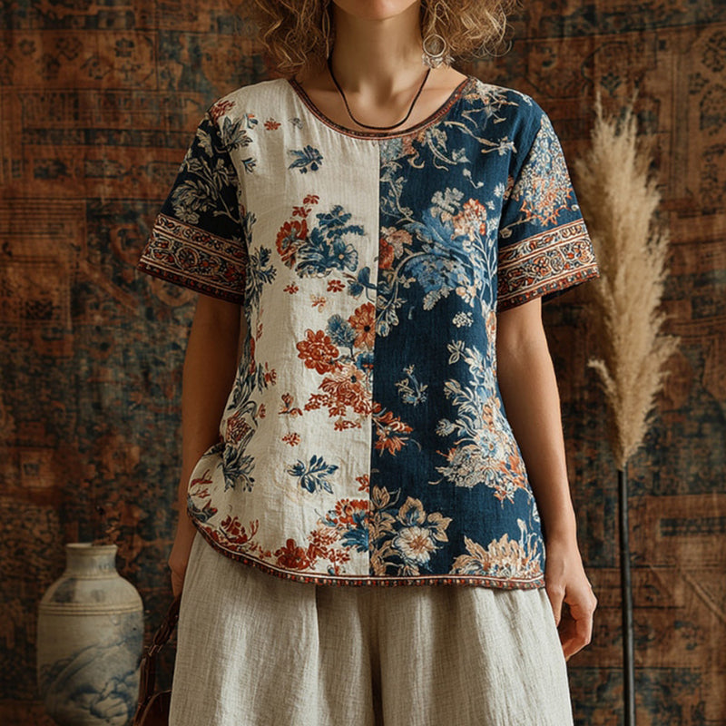 Women's Retro Floral Pattern Color Block Top