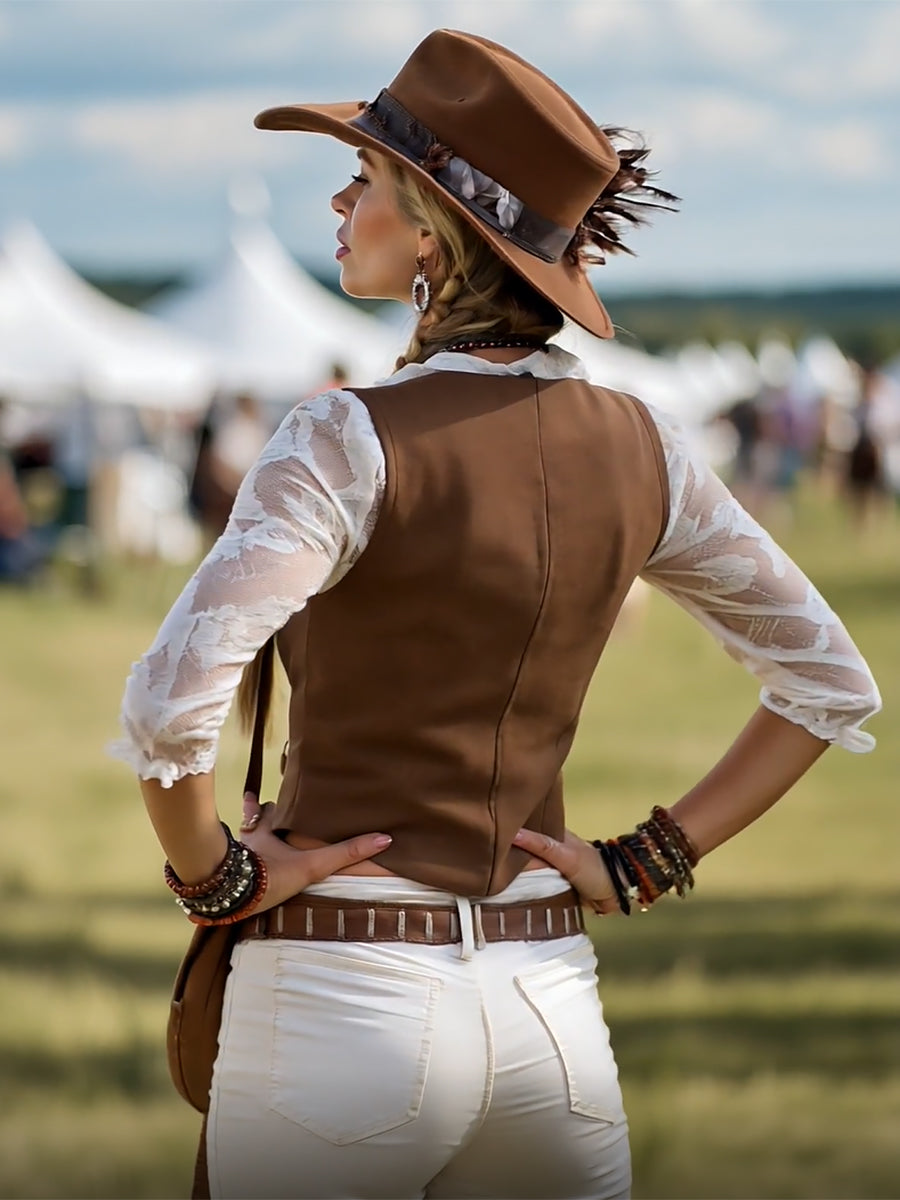 Romantic Western Style Lace Sleeves Brown Suede Shirt