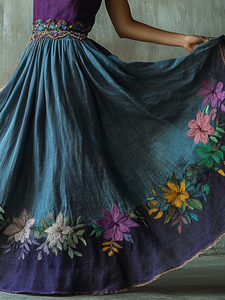 Vintage Floral Embroidered Pattern Art Linen Blend Skirt