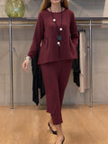 Women's Solid Color Round Neck Long Sleeve Casual Loose Top And High Waist Casual Loose Wide Leg Pants Cotton Set
