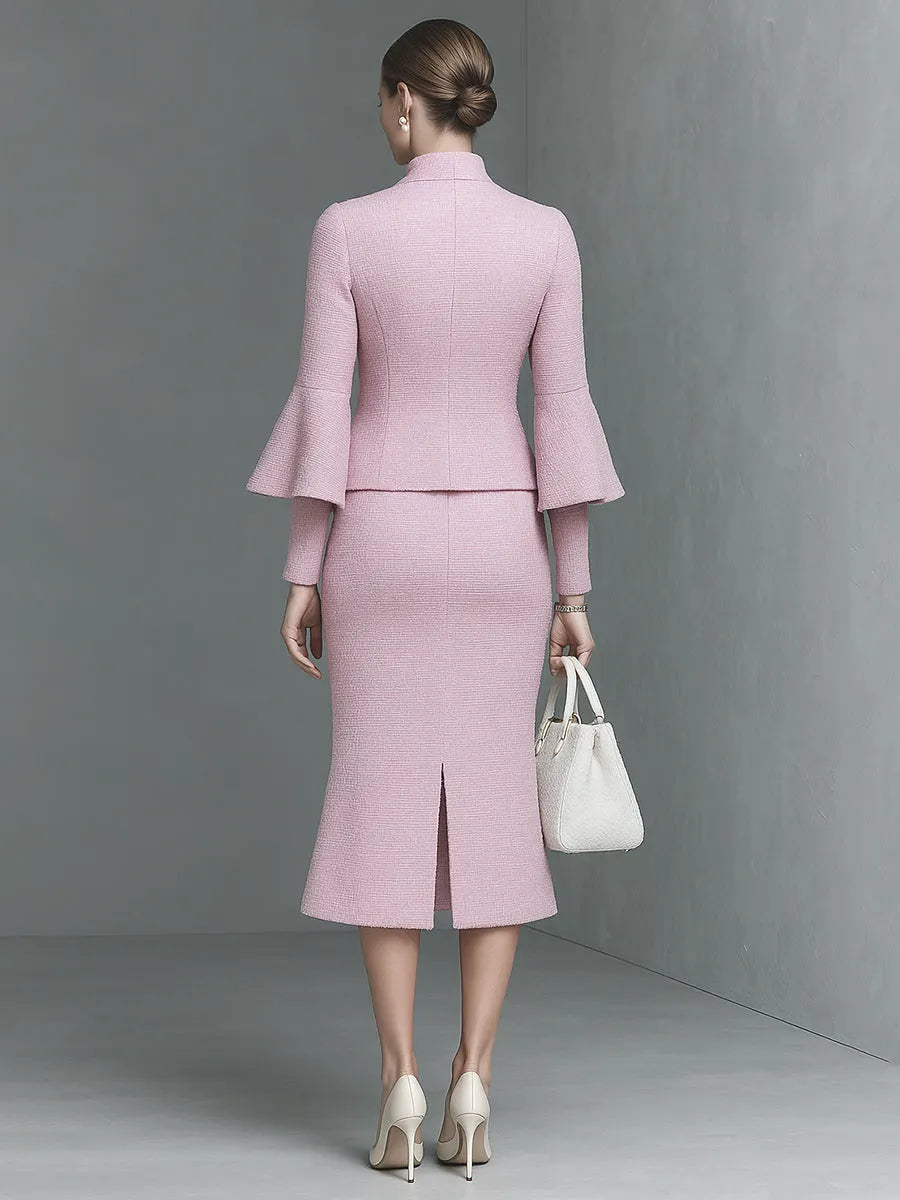 Elegant Neckline Bow Tie Trumpet Sleeve Jacket Skirt Tweed Set