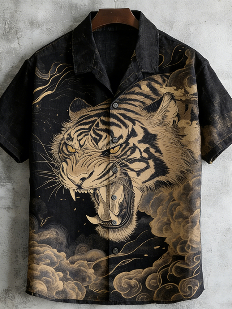 Japanese Art Vintage Tiger Pattern Men's Short Sleeve Shirt