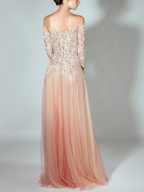 Solid Color Lace Mesh Maxi Dress