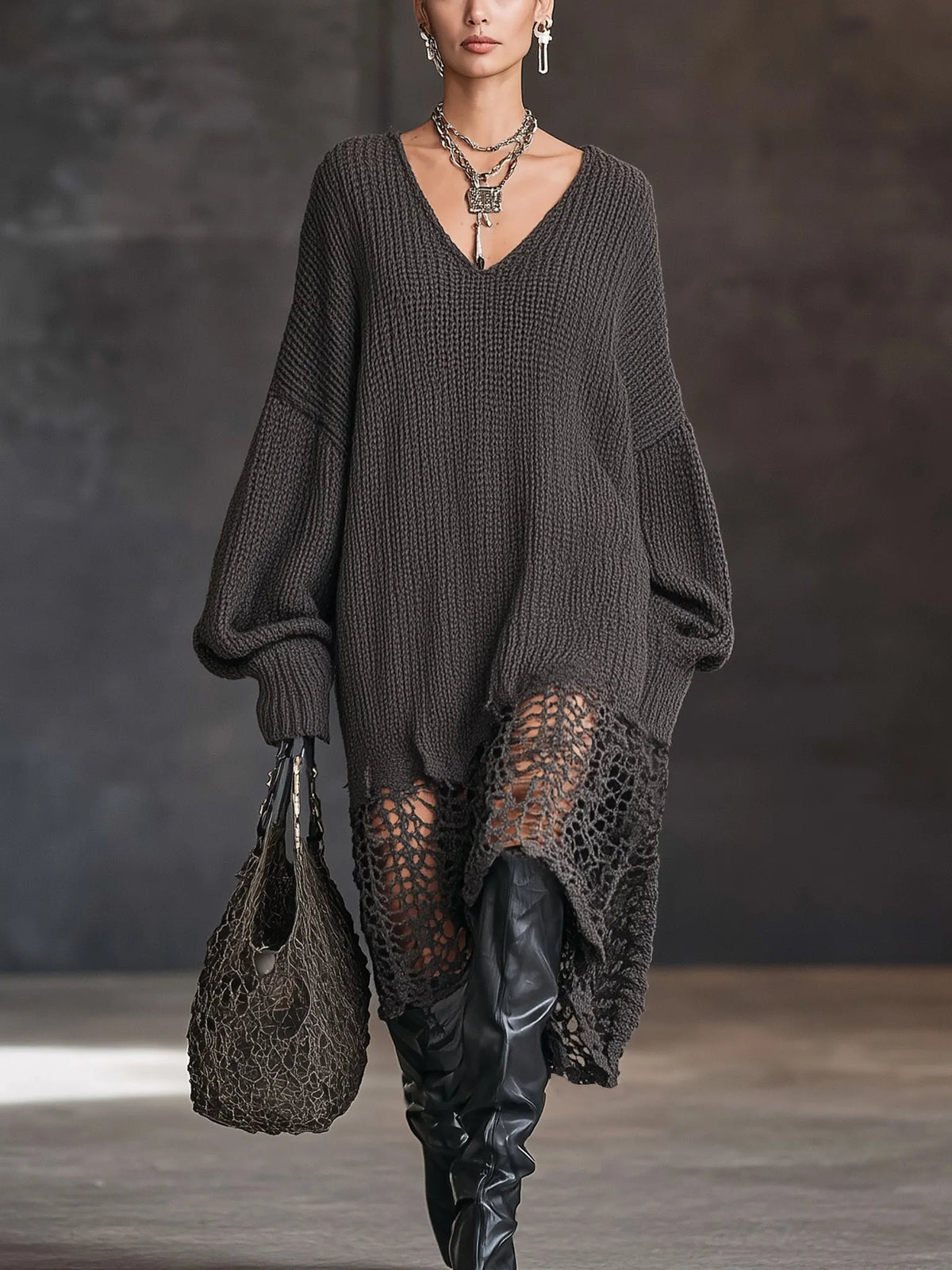 Charcoal Gray V-Neck Knit Mesh Long Sleeve Midi Dress