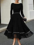 Long Sleeve Contrast Trim Midi Dress With Flared Skirt