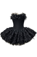 Strapless Petal Floral Corset A Line Dress Black
