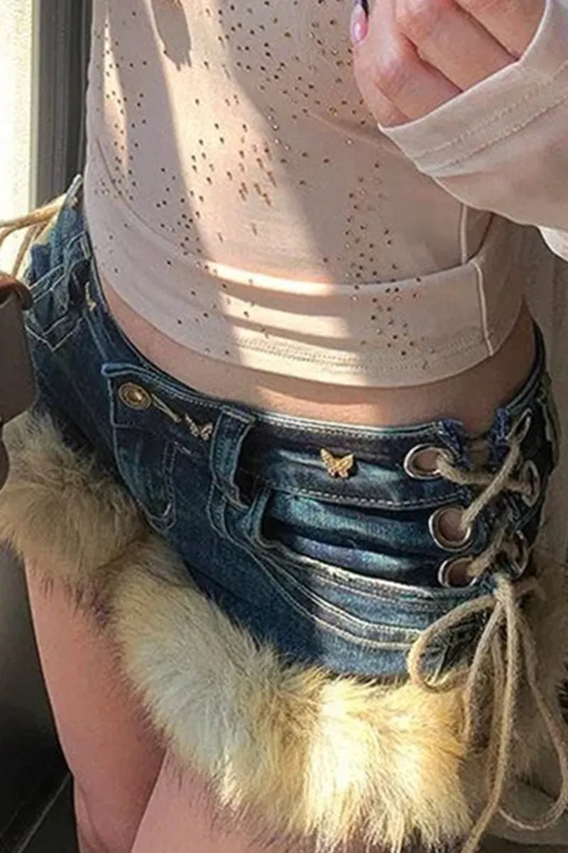 Women's Y2k Frayed Hem Patchwork Denim Shorts
