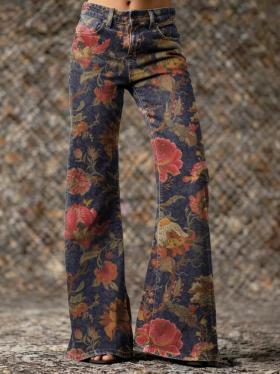 Women's Retro Ethnic Floral Art Print Casual Washed Pants