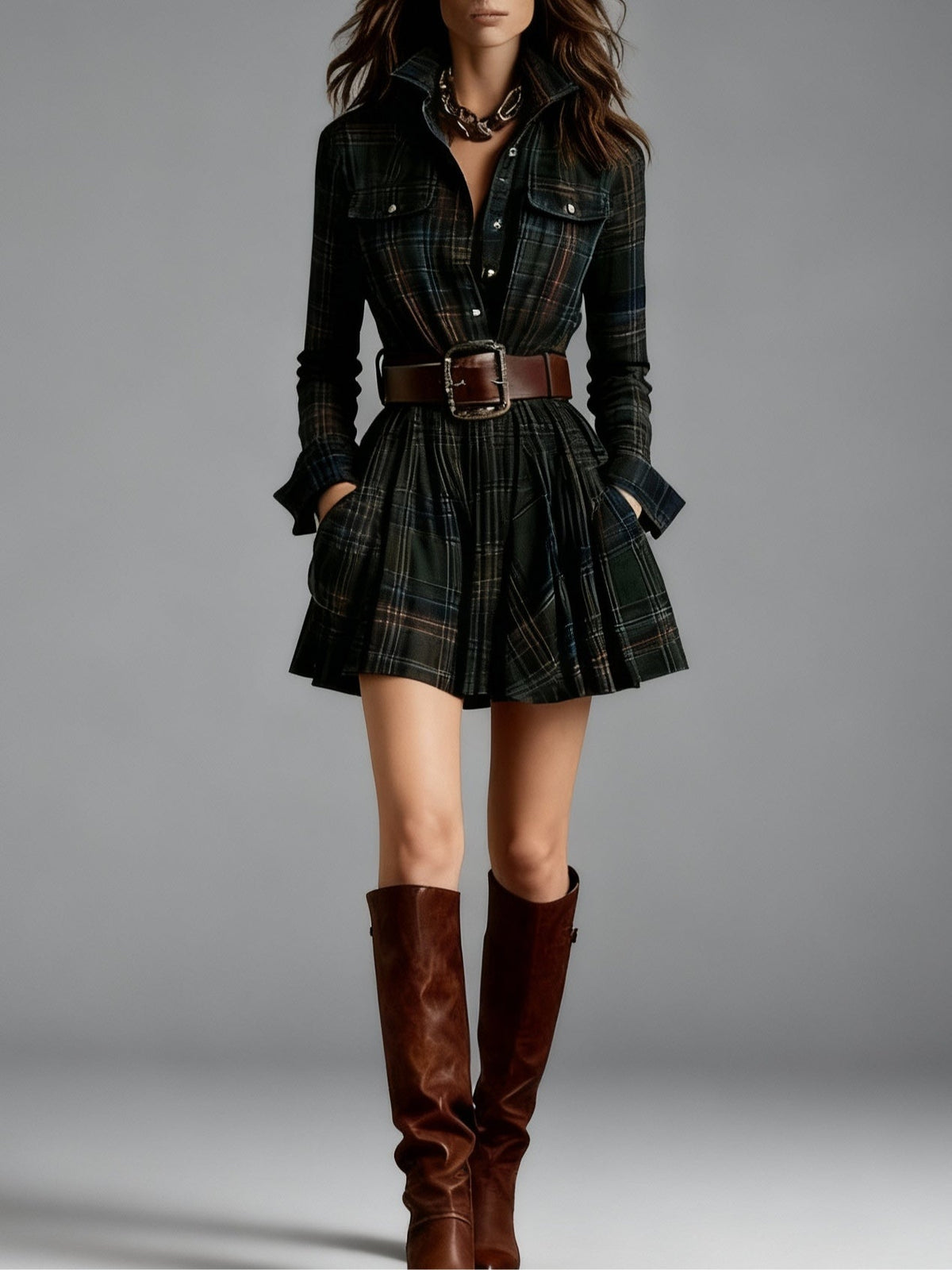 Vintage Lapel Red and Brown Plaid Mini Dress