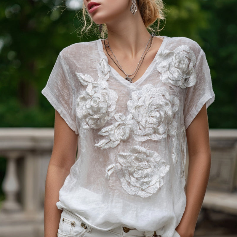 Vintage White Roses Embroidered V Neck Linen T Shirt