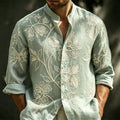 Men's Spring Floral Embroidered Art Print Flowy Linen Blend Casual Shirt