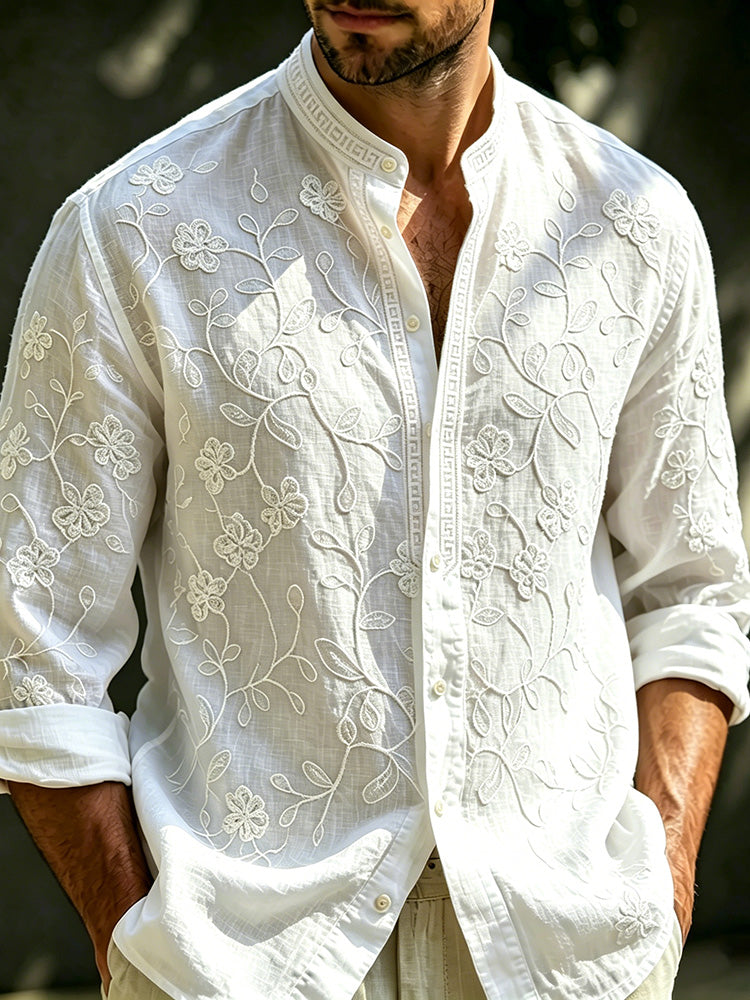 Men's Vintage Floral Art Linen Shirt