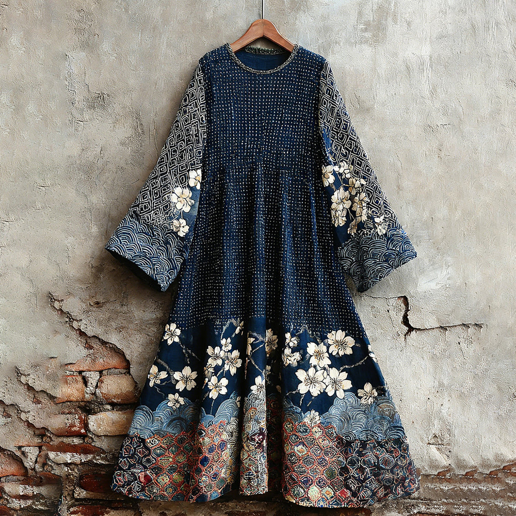 Women's Traditional Japanese Sashiko Art Round Neck Dress