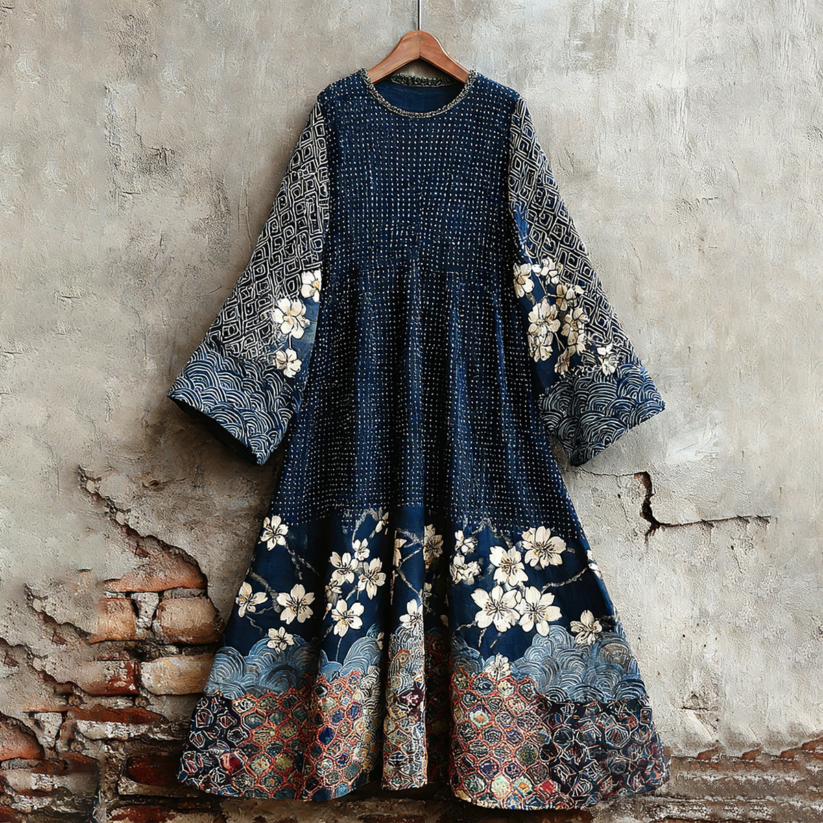 Women's Traditional Japanese Sashiko Art Round Neck Dress
