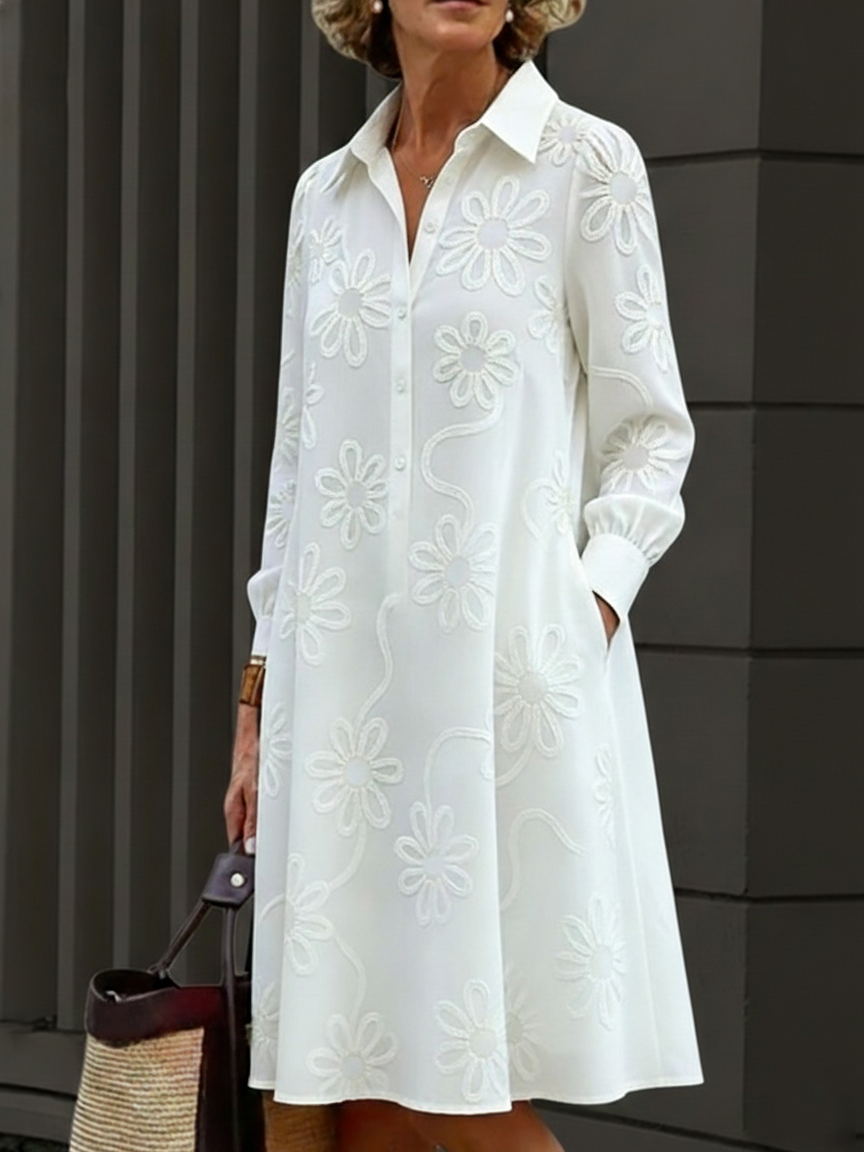 Elegant Floral Embroidered Shirt-collar Dress