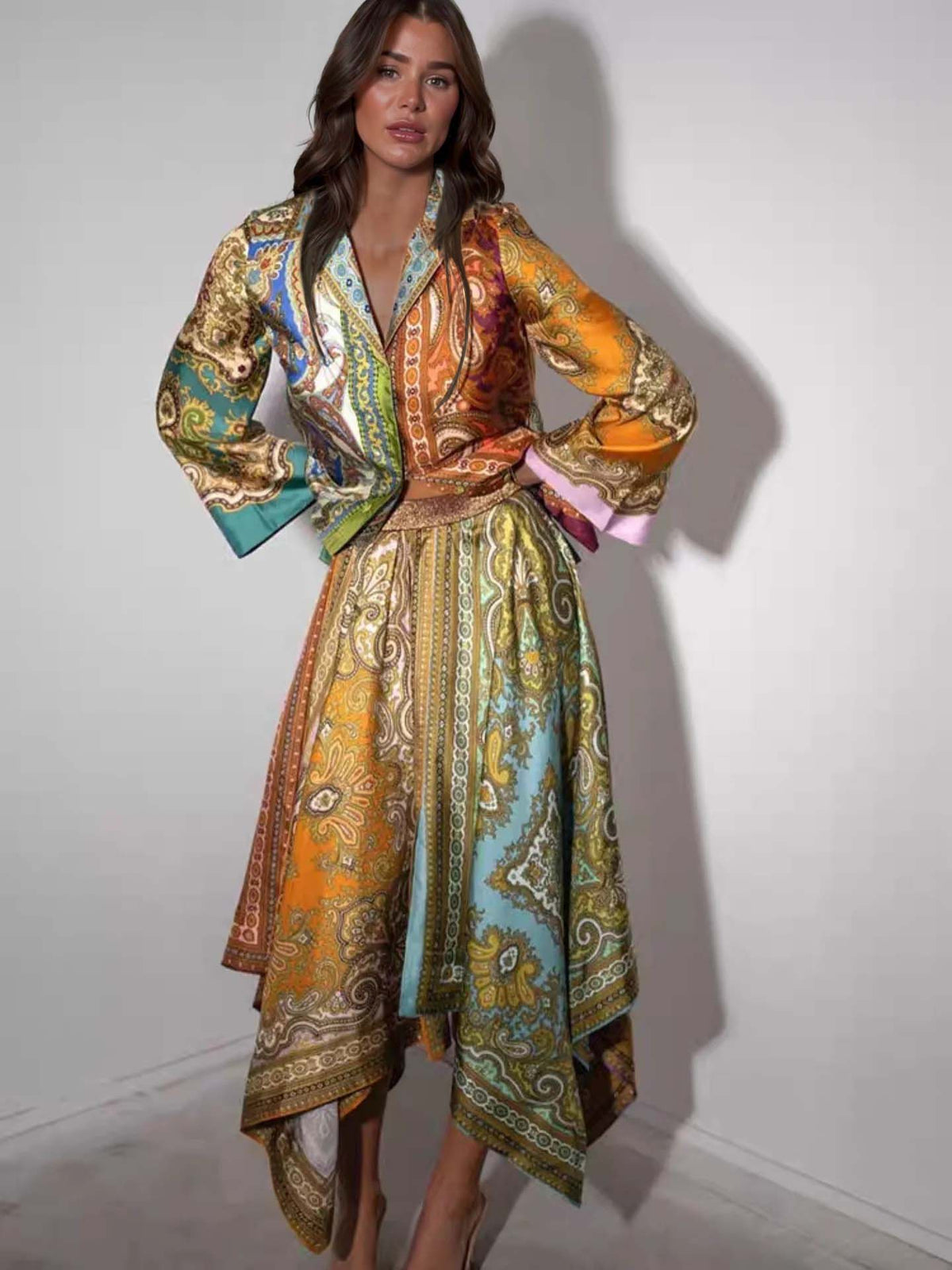 Retro Paisley Print Satin Long Sleeve Shirt