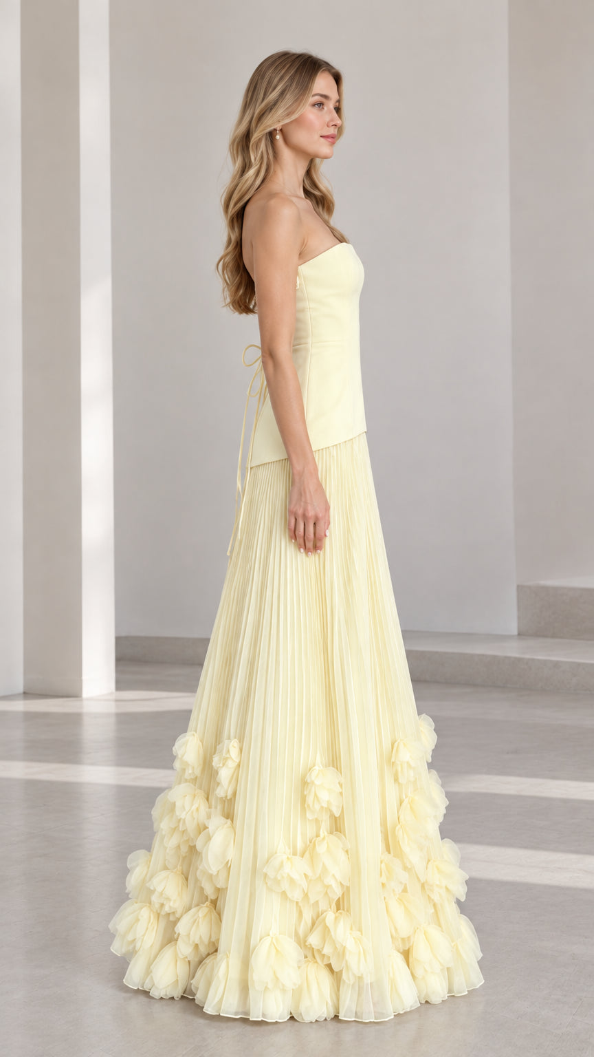 Strapless Corset Pleated Maxi Evening Gown with 3D Floral Hem
