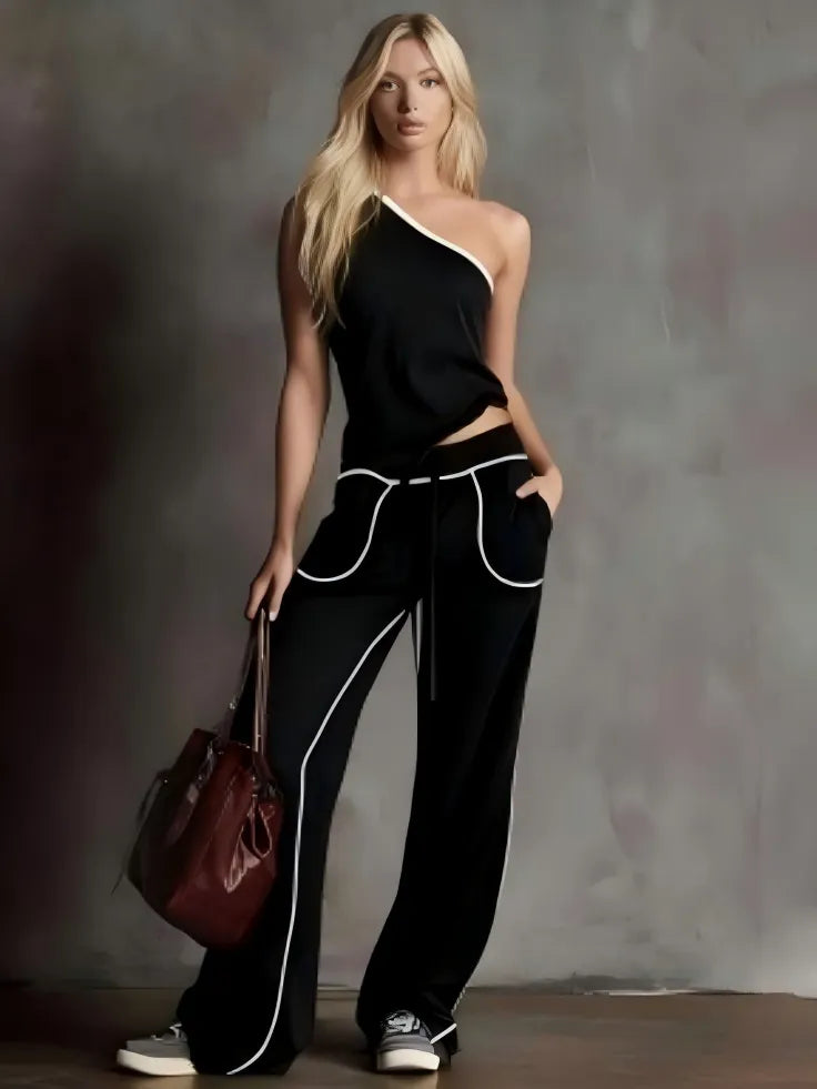Women's Chic One-Shoulder Lounge Set - Contrast Piping Wide-Leg Pants & Asymmetric Top 2-Piece Outfit